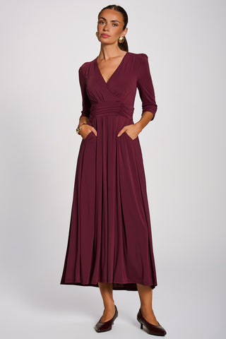3/4 Sleeve Plain Jersey Maxi Dress, Burgundy