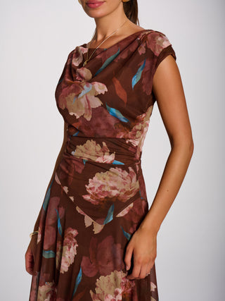 Asymmetrical Draped Mesh Maxi Dress, Brown Floral