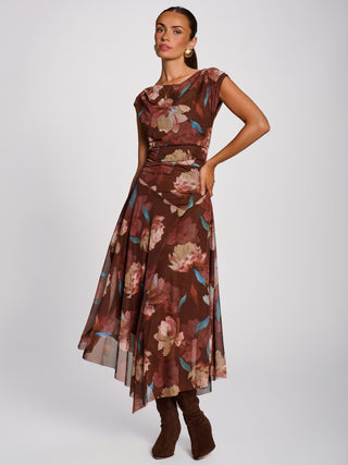 Asymmetrical Draped Mesh Maxi Dress, Brown Floral