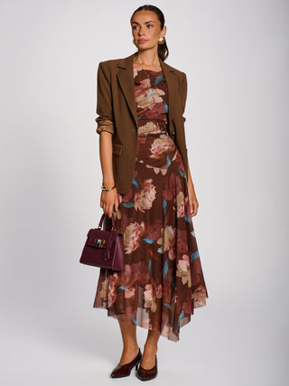 Asymmetrical Draped Mesh Maxi Dress, Brown Floral