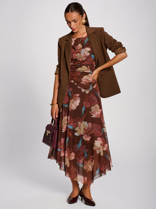Asymmetrical Draped Mesh Maxi Dress, Brown Floral