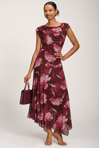 Asymmetrical Draped Mesh Maxi Dress, Burgundy Floral