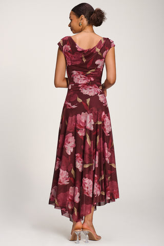 Asymmetrical Draped Mesh Maxi Dress, Burgundy Floral