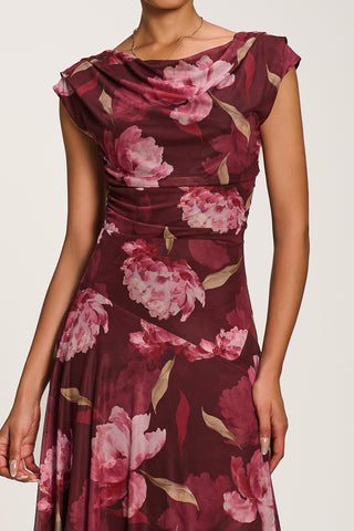 Asymmetrical Draped Mesh Maxi Dress, Burgundy Floral