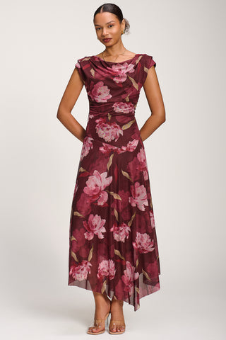Asymmetrical Draped Mesh Maxi Dress, Burgundy Floral