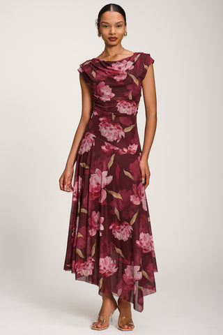Asymmetrical Draped Mesh Maxi Dress, Burgundy Floral