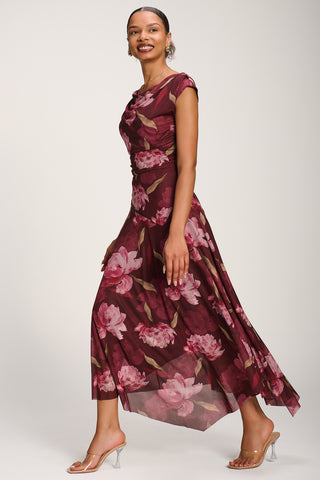Asymmetrical Draped Mesh Maxi Dress, Burgundy Floral