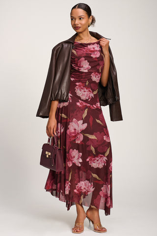 Asymmetrical Draped Mesh Maxi Dress, Burgundy Floral