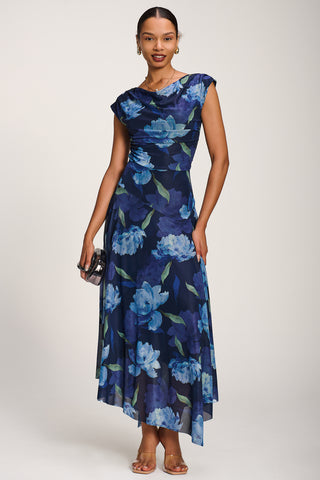Asymmetrical Draped Mesh Maxi Dress, Navy Floral