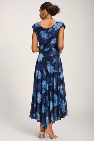 Asymmetrical Draped Mesh Maxi Dress, Navy Floral