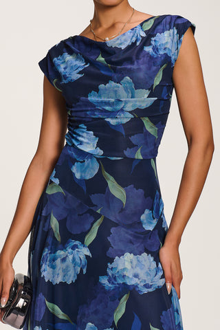 Asymmetrical Draped Mesh Maxi Dress, Navy Floral