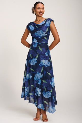 Asymmetrical Draped Mesh Maxi Dress, Navy Floral