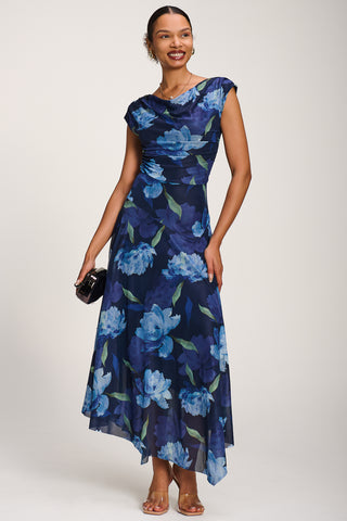 Asymmetrical Draped Mesh Maxi Dress, Navy Floral