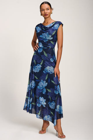 Asymmetrical Draped Mesh Maxi Dress, Navy Floral