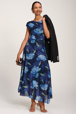 Asymmetrical Draped Mesh Maxi Dress, Navy Floral