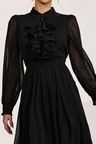 Textured Chiffon Long Sleeve Shirt Dress, Black