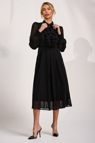 Textured Chiffon Long Sleeve Shirt Dress, Black