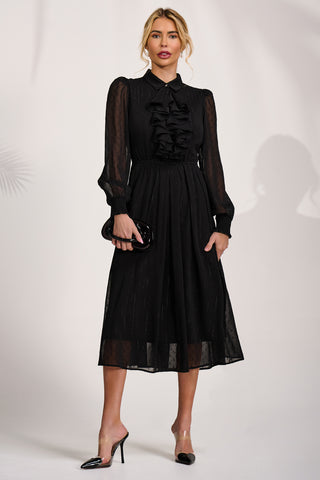 Textured Chiffon Long Sleeve Shirt Dress, Black