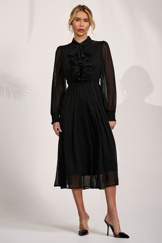 Textured Chiffon Long Sleeve Shirt Dress, Black