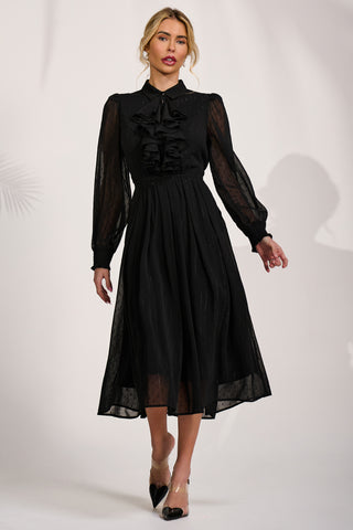 Textured Chiffon Long Sleeve Shirt Dress, Black