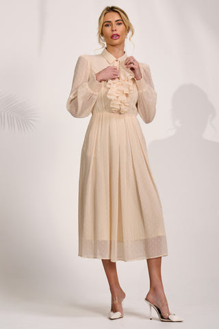 Textured Chiffon Long Sleeve Shirt Dress, Cloud White