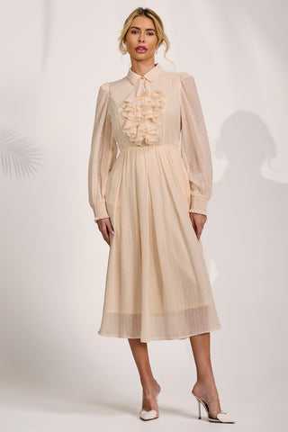 Textured Chiffon Long Sleeve Shirt Dress, Cloud White