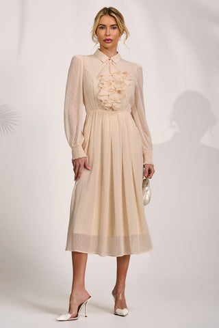 Textured Chiffon Long Sleeve Shirt Dress, Cloud White