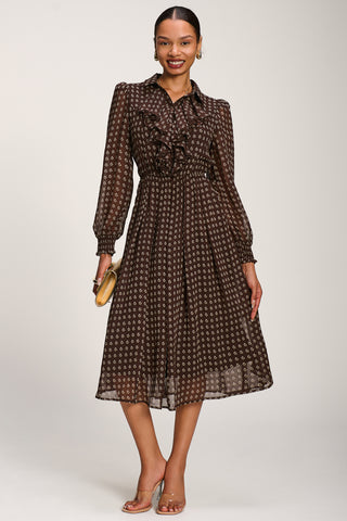Chiffon Print Ruffled Shirt Dress, Brown Paisley