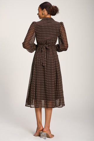 Chiffon Print Ruffled Shirt Dress, Brown Paisley