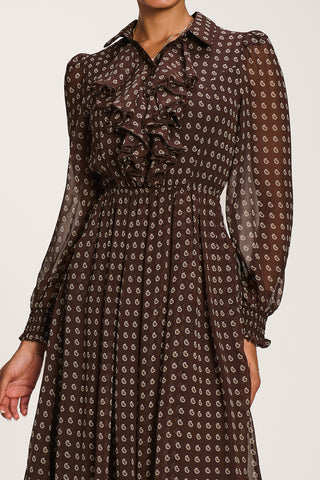 Chiffon Print Ruffled Shirt Dress, Brown Paisley