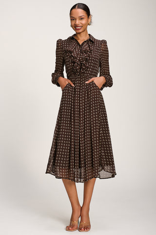 Chiffon Print Ruffled Shirt Dress, Brown Paisley