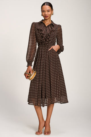 Chiffon Print Ruffled Shirt Dress, Brown Paisley