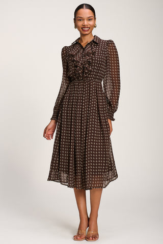 Chiffon Print Ruffled Shirt Dress, Brown Paisley