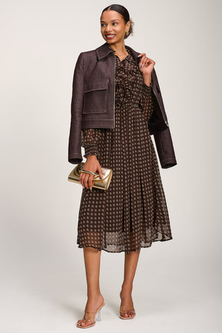Chiffon Print Ruffled Shirt Dress, Brown Paisley