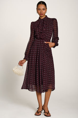 Chiffon Print Ruffled Shirt Dress, Burgundy Spot