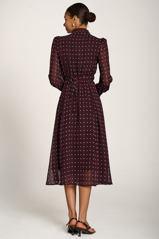 Chiffon Print Ruffled Shirt Dress, Burgundy Spot