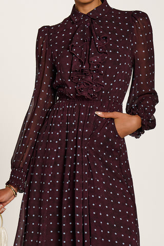 Chiffon Print Ruffled Shirt Dress, Burgundy Spot