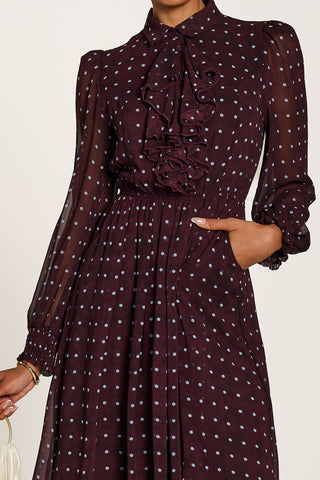 Chiffon Print Ruffled Shirt Dress, Burgundy Spot