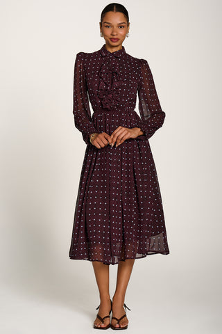 Chiffon Print Ruffled Shirt Dress, Burgundy Spot