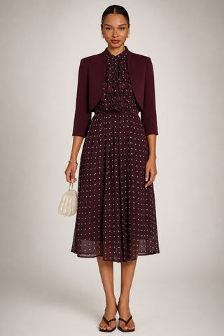 Chiffon Print Ruffled Shirt Dress, Burgundy Spot