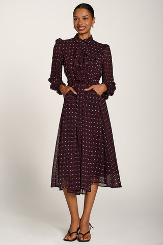 Chiffon Print Ruffled Shirt Dress, Burgundy Spot
