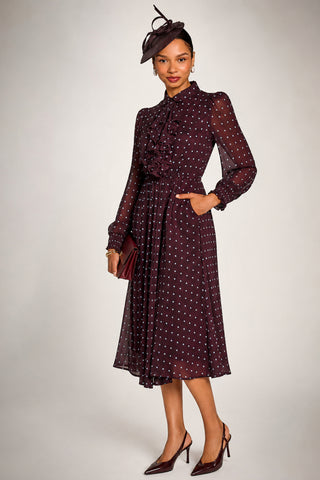Chiffon Print Ruffled Shirt Dress, Burgundy Spot