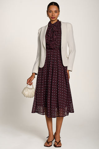 Chiffon Print Ruffled Shirt Dress, Burgundy Spot