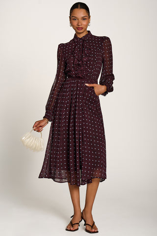 Chiffon Print Ruffled Shirt Dress, Burgundy Spot