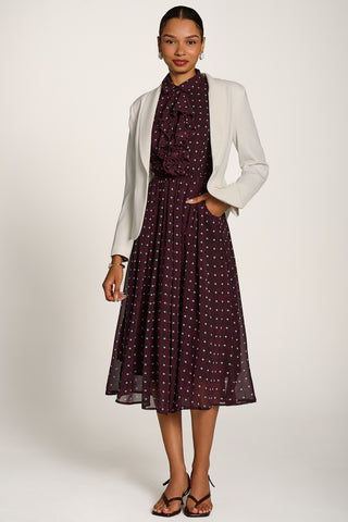 Chiffon Print Ruffled Shirt Dress, Burgundy Spot