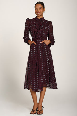 Chiffon Print Ruffled Shirt Dress, Burgundy Spot