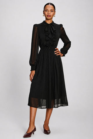 Textured Chiffon Long Sleeve Shirt Dress, Black