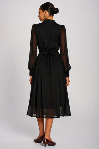 Textured Chiffon Long Sleeve Shirt Dress, Black
