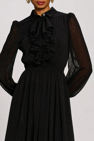 Textured Chiffon Long Sleeve Shirt Dress, Black