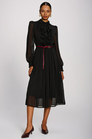 Textured Chiffon Long Sleeve Shirt Dress, Black